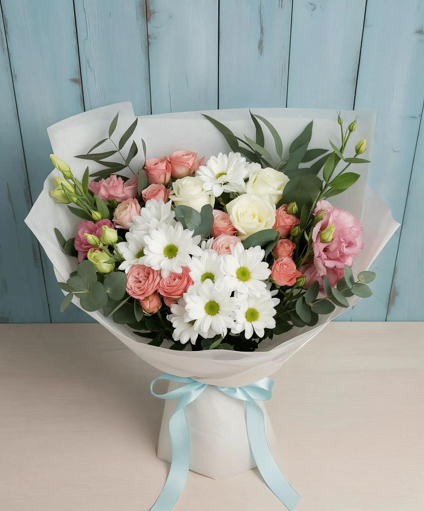 Букет цветов из: Розы, Лизиантусы и Хризантемы в Шабурново