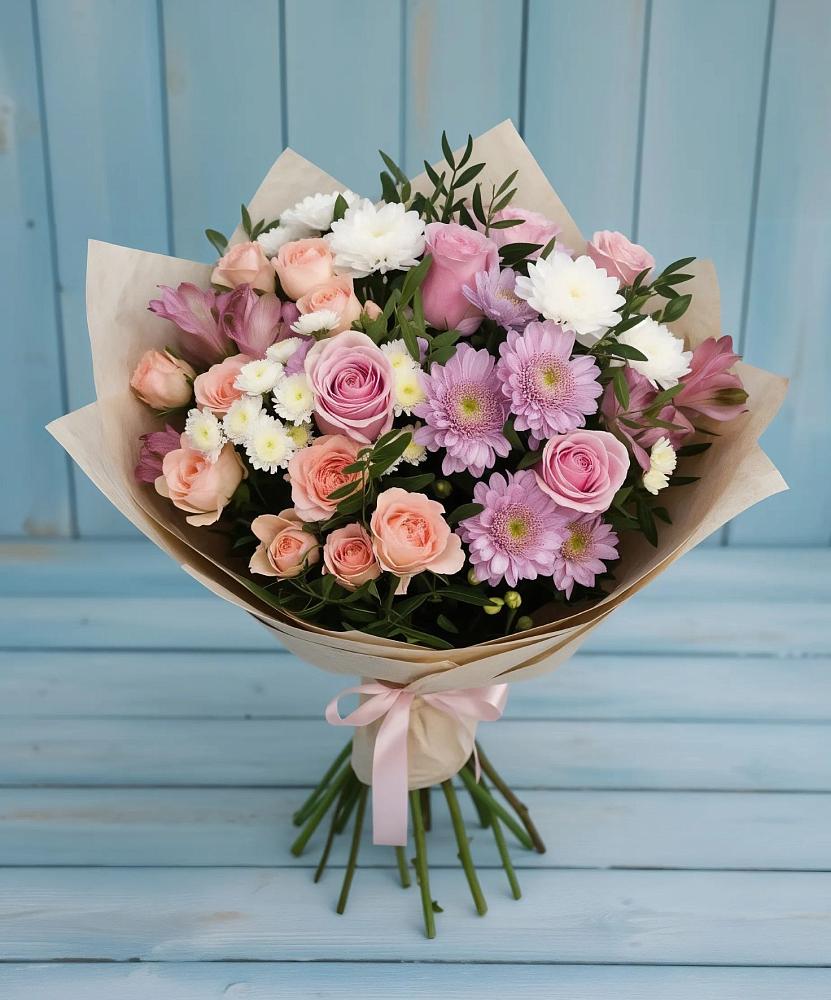 Букет цветов из: Хризантемы, Розы и Альстромерии в Шабурново