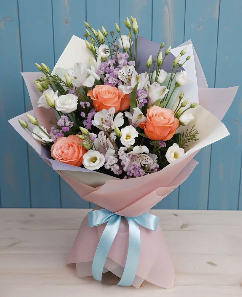 Букет цветов из: Лизиантусы, Розы, Альстромерии и Гипсофила в Шабурново