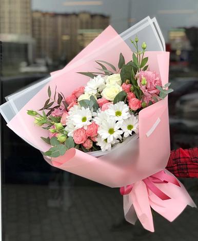 Букет цветов из: Розы, Лизиантусы и Хризантемы в Шабурново