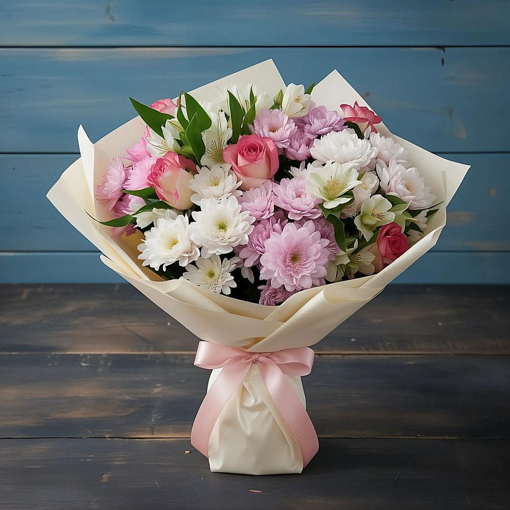 Букет цветов из: Хризантемы, Альстромерии и Розы в Шабурново